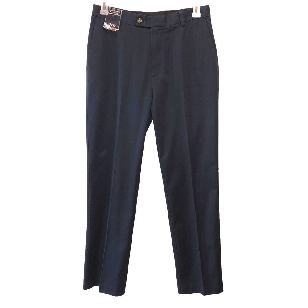 New Roundtree Yorke Mens 32 x 32 Navy Blue Flat Front Travel Smart Twill Pants